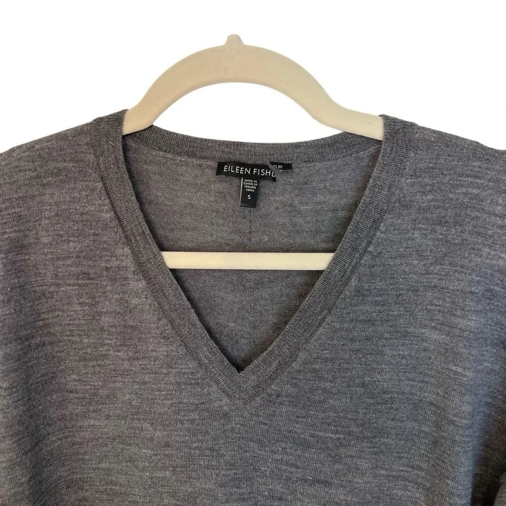 Eileen Fisher Merino Wool V Neck Tunic Sweater Charcoal Grey Small Relaxed Cozy
